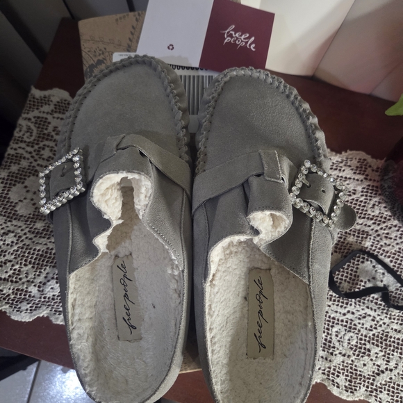 Free People "Shearling After Riding" Grey Suede Mules - Picture 2 of 9